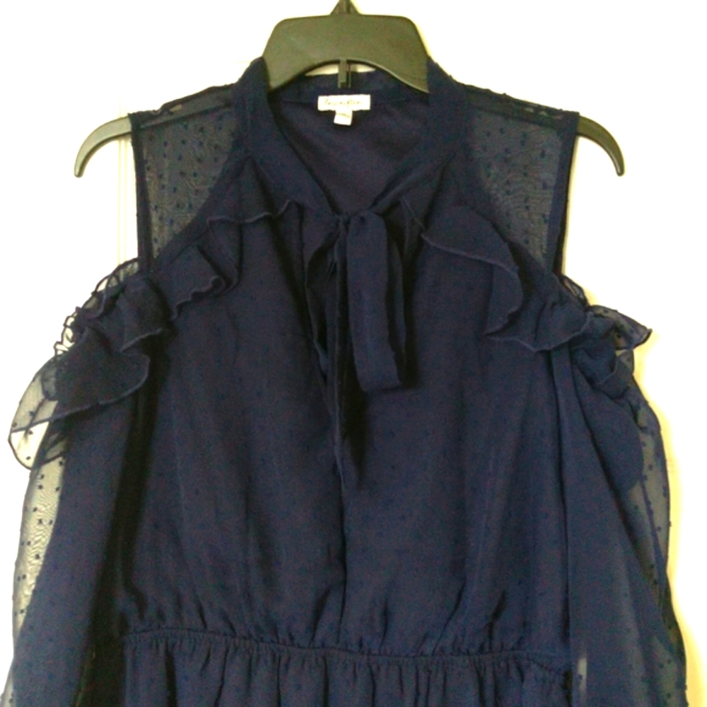 Love,fire Women cold shoulder Navy Blue Classic boho Swiss Dot Flowy dress sz  L